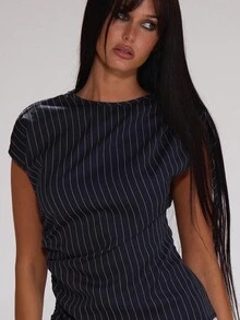 MUSERA 细条纹褶皱领带细节短袖修身长款上衣，可爱秋季休闲工作教师街头风运动工作服商务跑优雅派对春夏假日 - 藏蓝色 - 查看 3