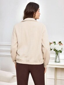 Miaspire 女士休闲提花梭织面料夹克，配有抽绳口袋，适合秋冬季日常穿着 - 杏色 - 查看 2