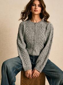 Poéselle Women's Grey Cable Knit Button Up Cardigan Sweater,Cozy Chunky Vintage Y2K Style Long Sleeve Top,Solid Color Casual Autumn Work Wear Front Closure - Grey - View 8