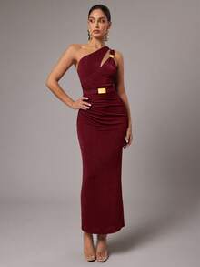 Silquee Women's Solid Color Asymmetric Neckline Hollow Out Elegant Sleeveless Dress,Red Dresses For Women,Christmas Dresses For Women - Burgundy - View 4