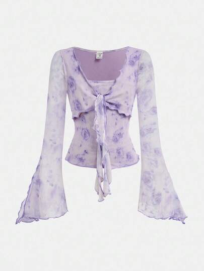 SHEIN Tween Girls Fitted Elegant Floral Flare Sleeve Ruffle Hem Bell Sleeve Tie Front T-Shirt, For Autumn/Spring, For Casual Daily Wear Blouses Girls Purple Blouses Teen Purple Top Teen Blouse Flower Top Fall Winter Teen Blouse For Gurls