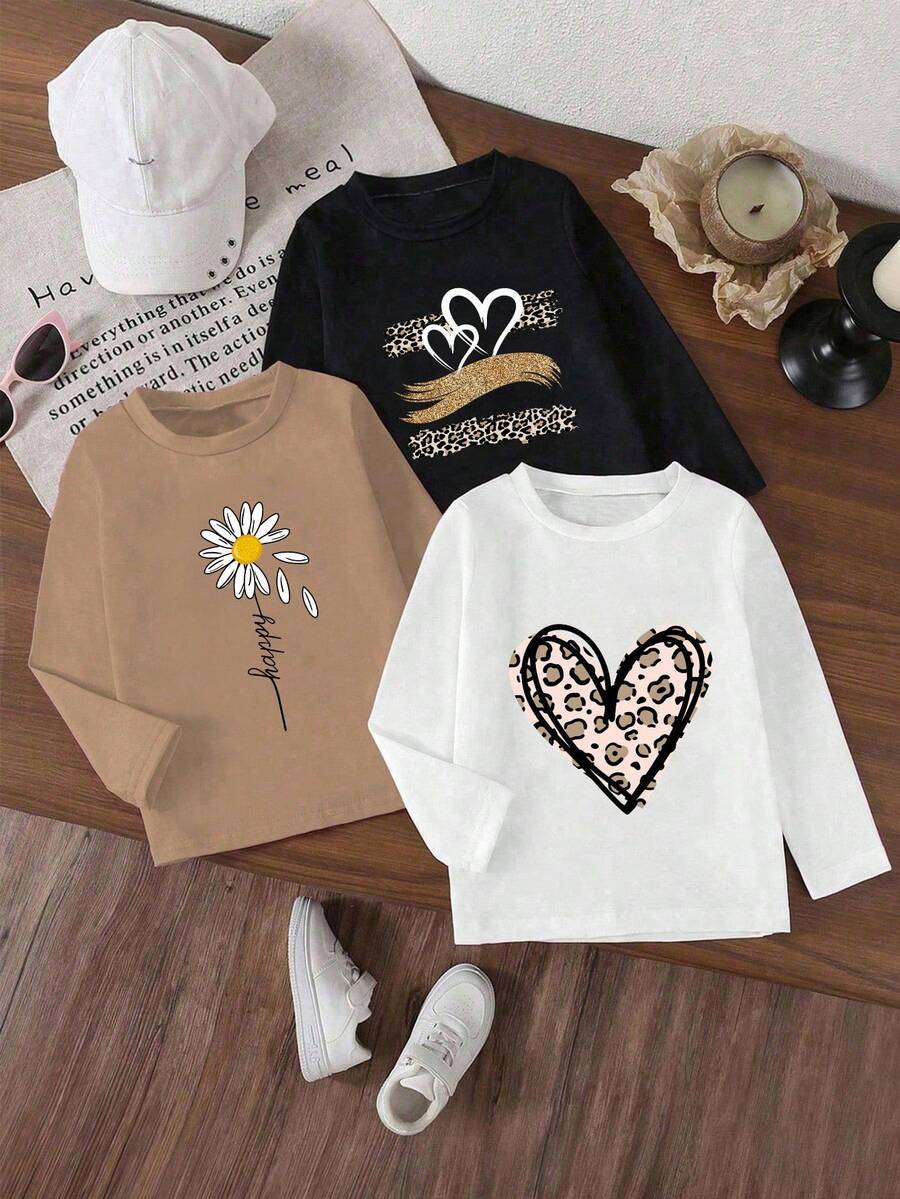 SHEIN 3件套少女休闲时尚可爱豹纹、爱心和雏菊印花长袖圆领T恤,多色可选,适合秋季日常及户外穿着。 - 彩色 - 查看 1