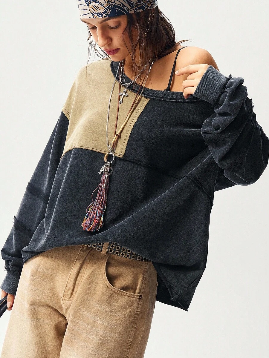 Bohemela 波西米亚风秋冬女式复古水洗休闲针织拼接星形图案圆领长袖宽松水洗女式卫衣，西部乡村风格，适合度假、日常穿着、返校季和万圣节等场合。 - 彩色 - 查看 1