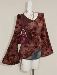 SHEIN ICON Áo thun nữ tay loe họa tiết hoa chéo jacquard dệt kim màu xanh lá cây cổ điển thời trang - Màu Đỏ Sâu - Xem 7