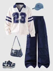 女童数字印花 Polo 领上衣 + 工装阔腿裤时尚套装，适合春秋季 - 杏色 - 查看 1