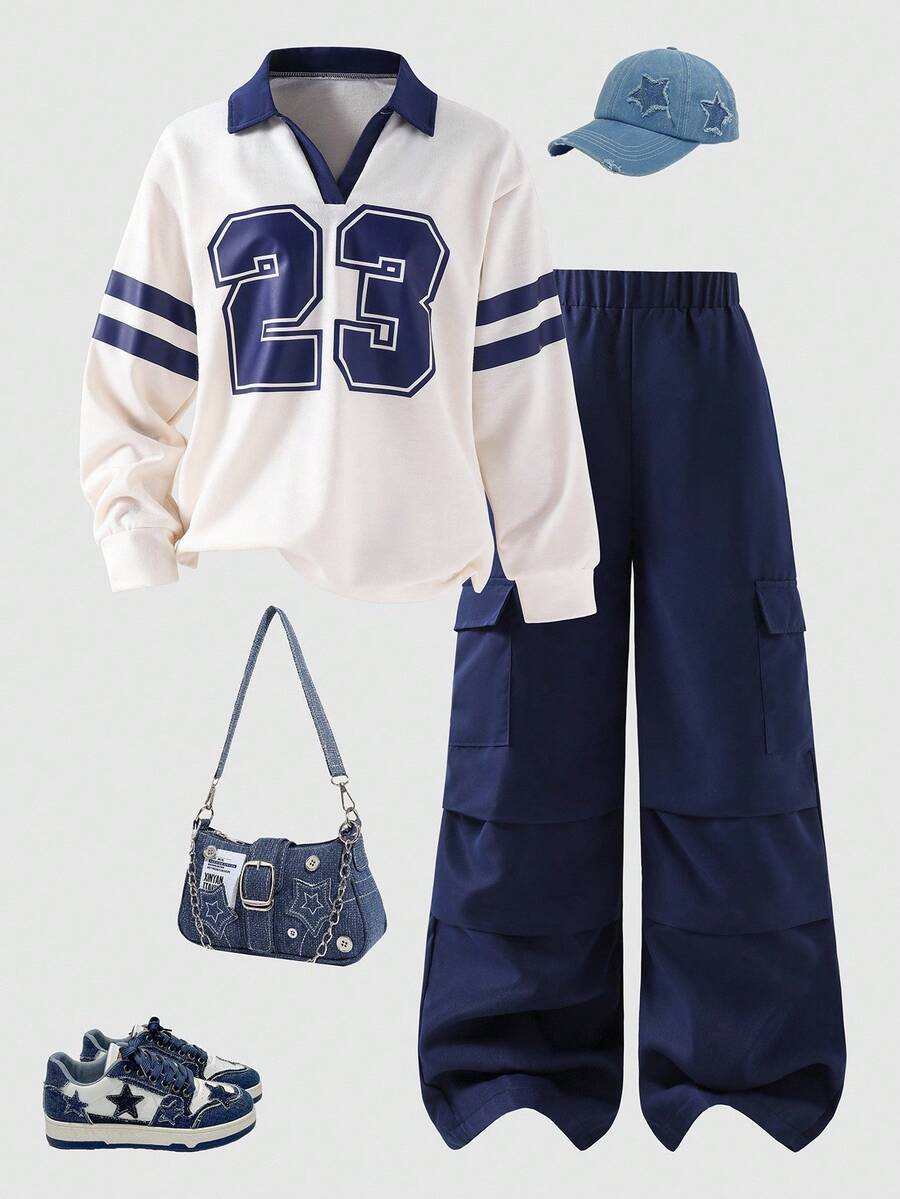 女童数字印花 Polo 领上衣 + 工装阔腿裤时尚套装，适合春秋季 - 杏色 - 查看 1