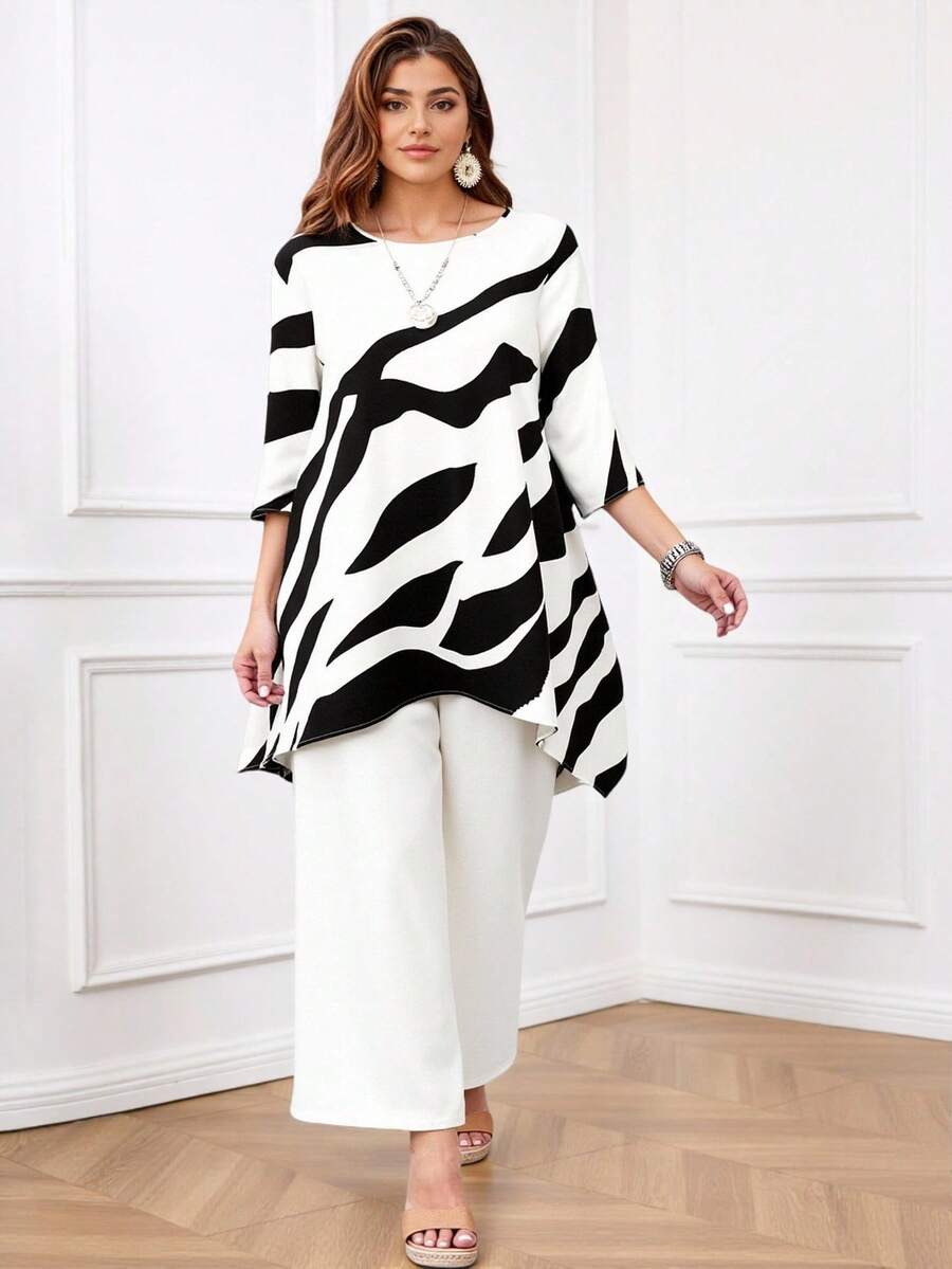 EMERY ROSE 2pcs Plus Fashion Granny Fall Clothes Curvethanksgiving Women Outfit Size Casual Contrast Color Asymmetric Hem Top And Pants Set, Autumn,Summer Outfits For Women Women Summer Clothing,Vacation Outfits Woman - White - View 1