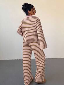 Siren Gaze 女式两件套宽松条纹 V 领落肩长袖 T 恤和松紧腰条纹裤，冬季毛衣套装，秋冬 - 粉色 - 查看 2