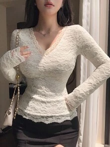 DAZY Sexy V-Neck Hollow Out Long Sleeve Lace Blouse, Slim Fit Undershirt For Women, Autumn/Winter - Apricot - View 7