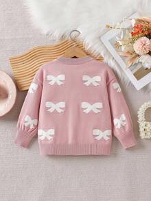 Elladie kids Chaquetas de niña Versátiles Nuevas chaquetas de punto de manga larga para niñas en otoño/invierno, con patrón de lazo jacquard, decoración de lazo 3D, tejido suelto y suave, adecuado para uso diario y ocasiones festivas - Rosa - Ver 2