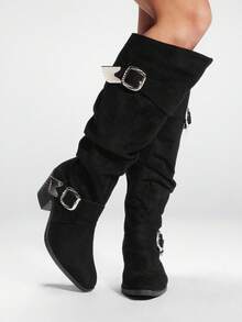 Sugerpunk Women's Dark Punk Goth Y2K Lace-Up Biker Boots, Motorcycle Knight Boots, Streetwear Buckle Strap Western Knee-High Boots - Black - View 2