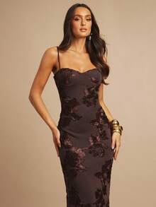 Silquee 3D立体花卉性感修身棕色吊带连衣裙，秋季婚礼宾客礼服，女士修身长款连衣裙，晚礼服，女士吊带鸡尾酒会礼服，优雅正式礼服，适合夜店、派对、圣诞节等场合。性感露背紧身鱼尾长款连衣裙，适合秋季派对浪漫约会。