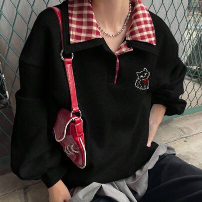 여성용 레귤러 칼라 루즈 격자 무늬 패브릭 패치워크 앞면 귀여운 동물 장식 대학 스타일 플리스 두꺼운 스웨트셔츠, 가을