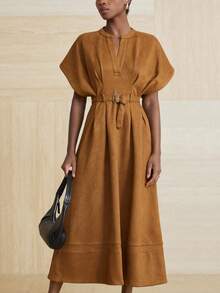 Aveloria Modichic Faux Suede Fabric, Commuter Design, Waist Belt Decor, Fashionable V-Neck Pleated Batwing Sleeve Dress