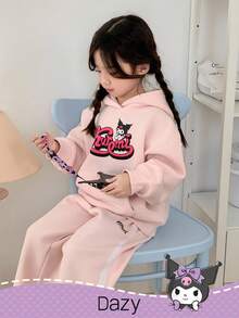DAZY HELLO KITTY AND FRIENDS | SHEIN 少女针织卡通图案保暖连帽衫和裤子套装，秋季 - 粉色 - 查看 6