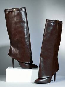 SHUZIA Women's Glamorous Pointy Toe Fold-Over Calf Stiletto Heel Knee High Boots For Christmas - Chocolate Brown - View 6
