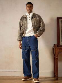 RivetRise Jeans droits en denim avec fermeture éclair, patchwork et poches, style mode de rue décontracté pour hommes - Jean brut - Voir 4