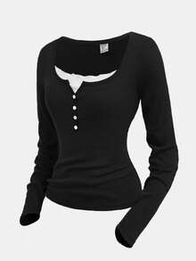 Girlism 少女黑色罗纹针织长袖立领撞色饰边纽扣设计紧身上衣 T 恤搭配黑色褶皱阔腿裤休闲街头时尚运动两件套 - 黑色 - 查看 4