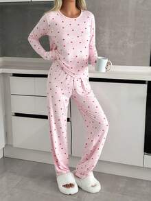 EURMUSE Women Soft Suede Touch Round Neck Heart Pattern Long Sleeve Shirt&Sleep Pants Homewear Pajama Set - Pink - View 3
