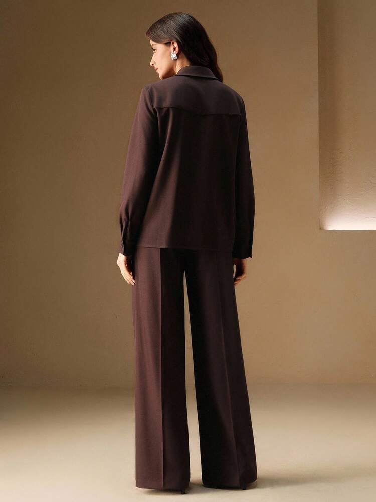 Women's Elegant Maillard Fashionable Vintage Embroidered Long Sleeve Shirt And Pants Set