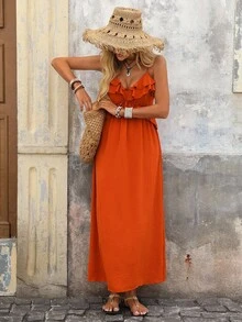 Brillora Vacation Style Women's Splice Ruffle Hem Cami Dress - Orange - View 3