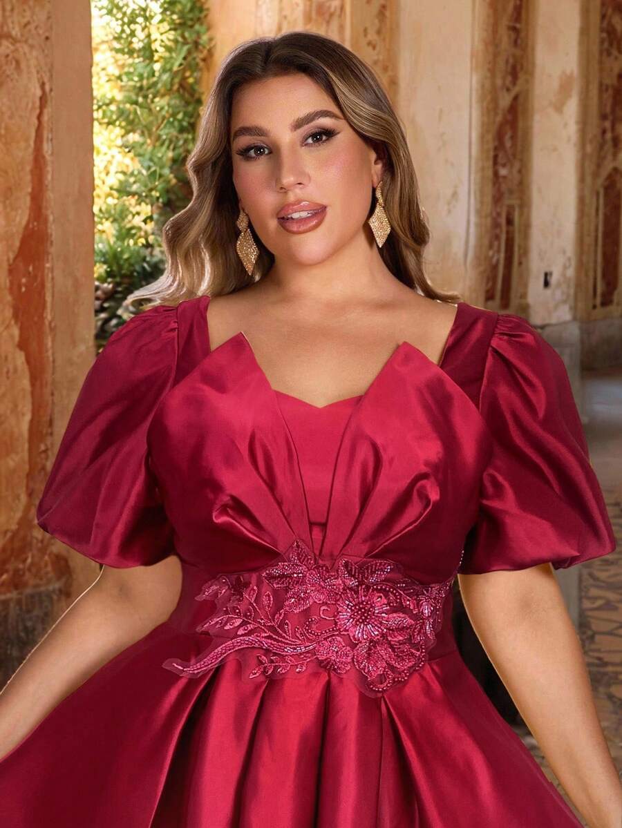 Aureia Plus Size Elegant Romantic Red Satin Asymmetrical Ruched Sweetheart Neck Puff Sleeve High Waist Luxury Applique Decor Extra-Large Dress Suitable For Evening Party, Singles Party, Date, Graduation, Formal Dance