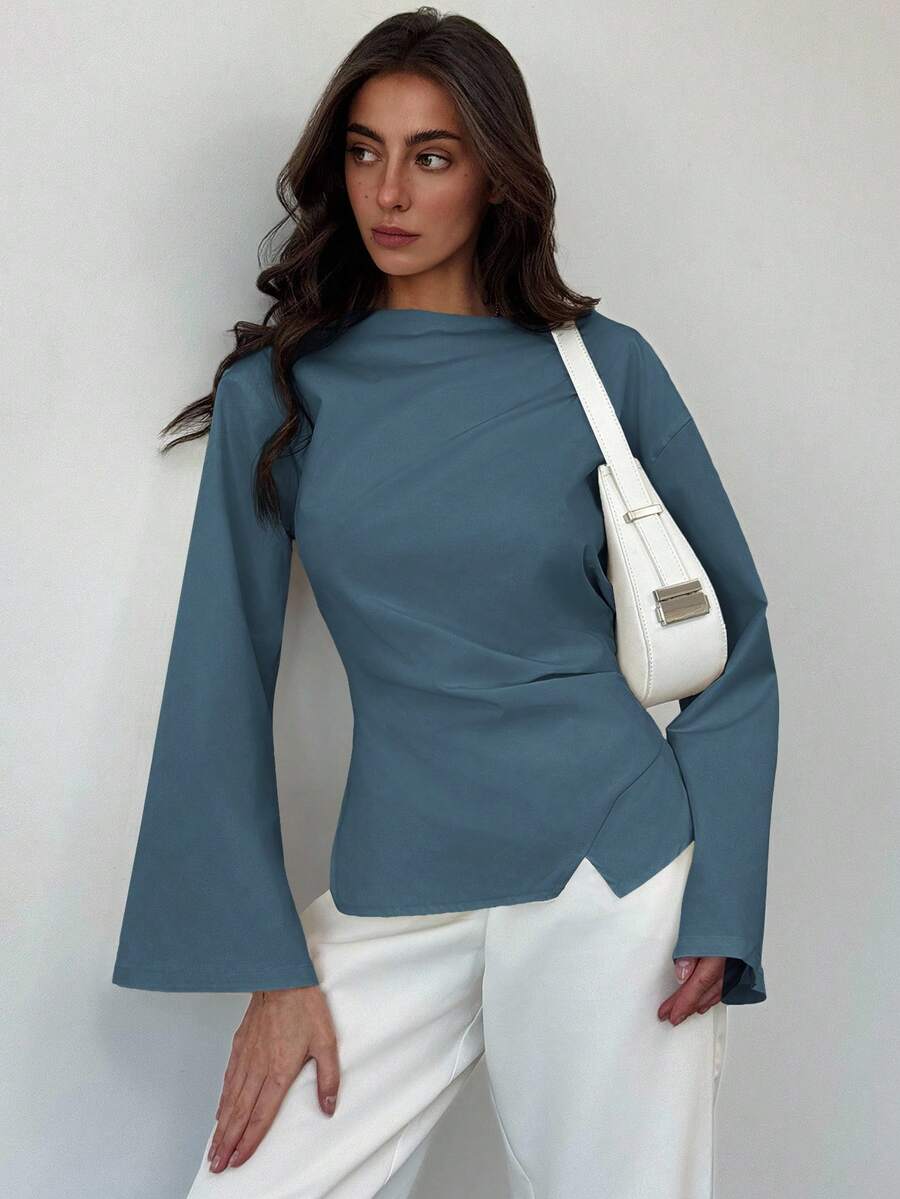 Aloruh Boat Neck Flared Sleeve Cropped Ruched Office Wear Women's Apricot Blouse - Blue - View 1