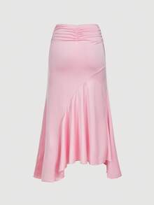 SHEIN MOD Falda larga elegante de cintura alta con volantes y bajo asimétrico de unicolor para mujer - Rosa Pálido - Ver 2