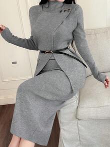 DAZY 2件套女士纯色无袖连衣裙和毛衣套装，秋季 - 灰色 - 查看 7