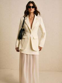 Poéselle 女士纯色单排扣长袖夹克和网眼拼布裙优雅套装 - 杏色 - 查看 6