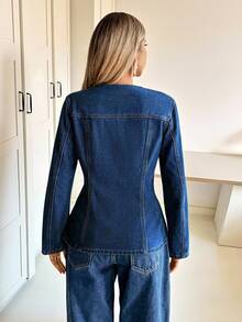 Siren Gaze 女士深蓝色牛仔外套，长袖高腰大衣，复古富贵风，INS风办公室穿搭，秋季冬季外套 - 深色水洗藍 - 查看 4