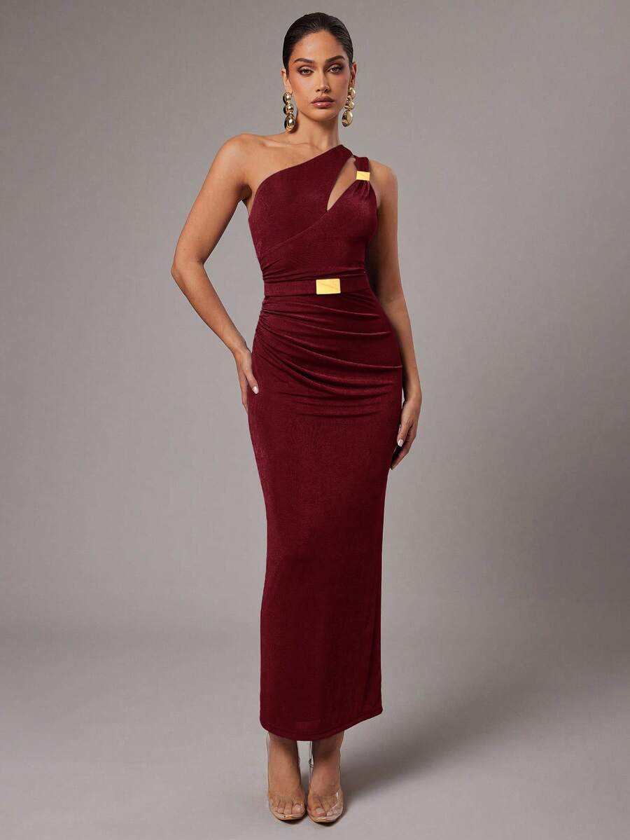 Silquee Women's Solid Color Asymmetric Neckline Hollow Out Elegant Sleeveless Dress,Red Dresses For Women,Christmas Dresses For Women - Burgundy - View 1