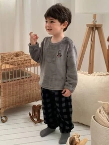 DAZY 2pcs Toddler Boys' Casual Round Neck Long Sleeve T-Shirt And Plaid Long Pants Pajama Set - Grey - View 4