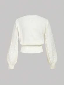 SHEIN MOD Plus-Size Women's White Casual/Work Cardigan, Simple Solid Color, Round Neck, Lantern Sleeves, Wide Hem, Single-Breasted, Suitable For Autumn And Winter,  Warm Coat. - White - View 3