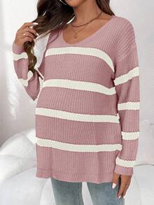 SHEIN Maternity Casual Striped V-Neck Sweater Fall - Dusty Pink - View 3
