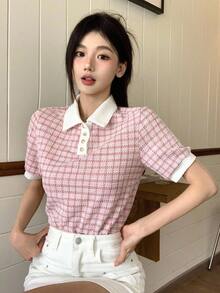 DAZY Camiseta de polo de manga corta con bloqueo de color y ribete decorativo a cuadros