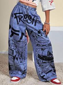 Paul Frank X SHEIN Tween Girl  Fall Clothes, Letter & Cartoon Pattern Trousers Imitation Denim,Back To School ,Tops For School,Homecoming - Blue - View 4