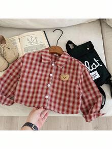 年轻女孩编织格子短款休闲衬衫 - 紅色 - 查看 1