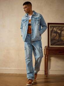 RivetRise Casual Distressed Washed Blue Denim Outfit, Slim Fit, Street Style, Suitable For Spring & Autumn - Blue - View 5