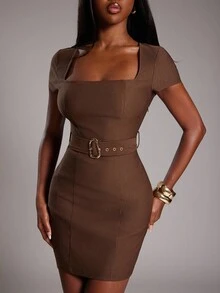 NYA SZN 短袖修身连衣裙，紧身腰带细节，办公室教师商务休闲装，返校季简约迷你长款秋季女装 - 棕色 - 查看 4