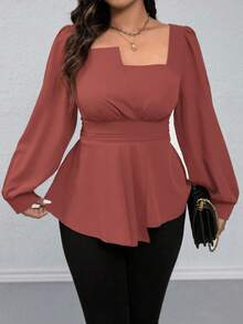 SHEIN LUNE Áo sơ mi tay dài cổ vuông màu trơn viền bèo nhún cỡ lớn, thường ngày cho dịp Giáng sinh, áo peplum - Gỗ đỏ - Xem 6