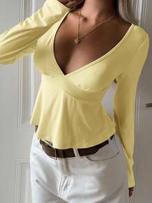 CovetEZ Women's V-Neck Ruffled Shoulder Long Sleeve T-Shirt, Light Yellow, Fashion Light Yellow Top Long Sleeve Yellow Top Butter Yellow Top - Light Yellow - View 4