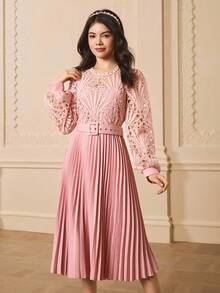 少女圆领长袖蕾丝拼布褶皱优雅派对连衣裙，适合万圣节、圣诞节 - 粉色 - 查看 6