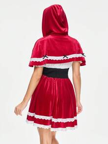 ROMWE Avant Damen Cosplay Rotkäppchen Umhang, Spitzen-Patchwork Kontrast-Farbig Off-Shoulder Ballonkleid 2-teiliges Set - Bordeaux - Übersicht 7