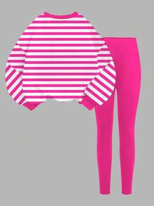 SHEIN 青少年女孩休闲简约粉色条纹趣味卡通图案，返校季，时尚运动衫款式，圆领舒适长袖运动衫和紧身裤两件套，适合秋冬季 - 彩色 - 查看 4