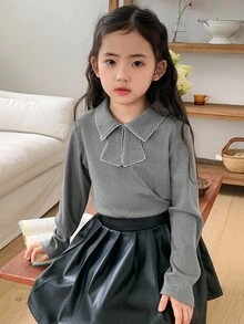 Dazy Kids Young Girl Contrast Scallop Edge Tie Collar Long Sleeve Tee, Casual Daily Commute School Style, Autumn/Spring - Grey - View 6