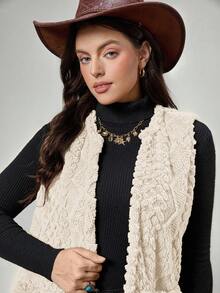 SHEIN LUNE 大码女式休闲毛绒纹理双口袋前开背心，适合秋季大码秋装 - 米色 - 查看 4