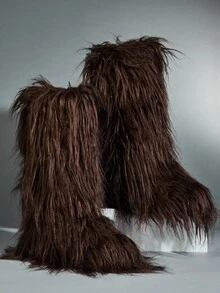 SHUZIA 女士精美绒毛人造毛皮保暖及膝冬季靴 - 巧克力棕 - 查看 6