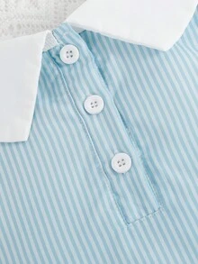 Souflis Souflis Infant/Toddler Girls Casual Elegant Sweet College Style Blue Striped Sleeveless Dress With White Bow Collar Decor, Summer - Blue - View 6