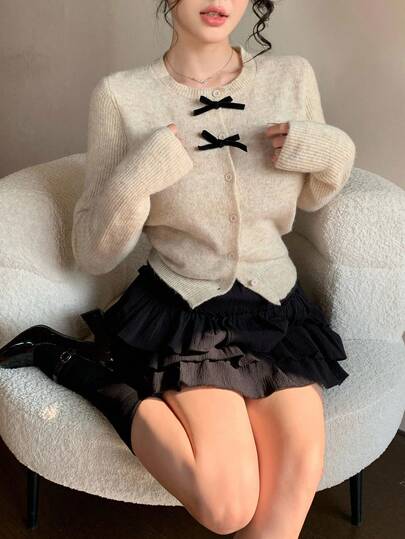 DAZY Women's Elegant Colorblock Bow Cardigan, Autumn